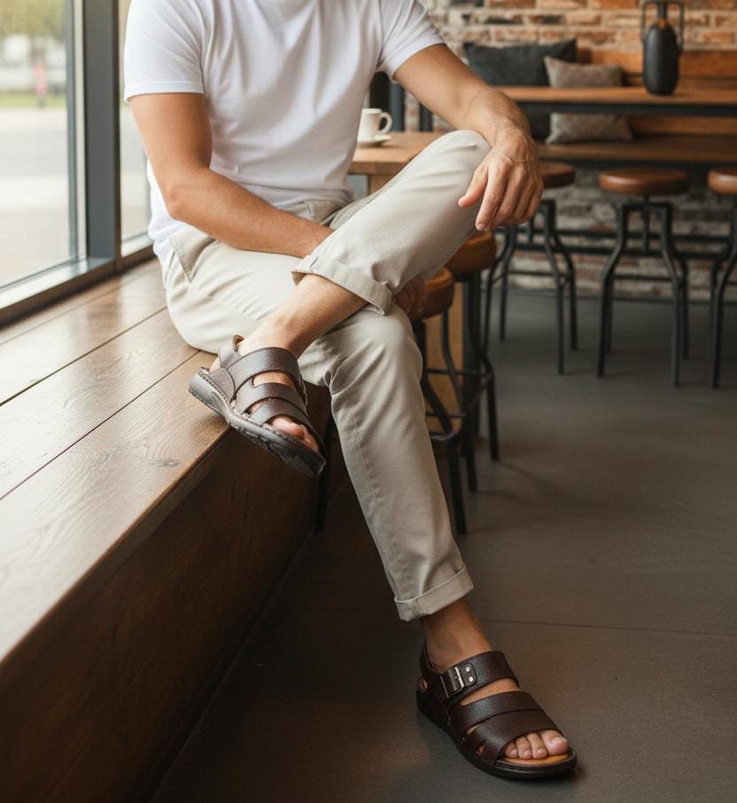 Brown Leather Buckle Strap Sandals for Men by Boots Gallery – Dark Brown Leather Shoes with Light Brown Sole Pakistan