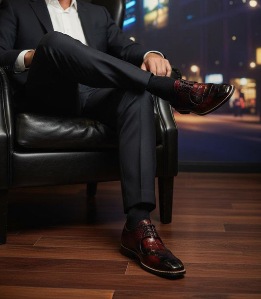 Plain Toe Derby Leather Shoes for Men by Boots Gallery – Brown Crocodile Textured Derby with Leather Sole Pakistan