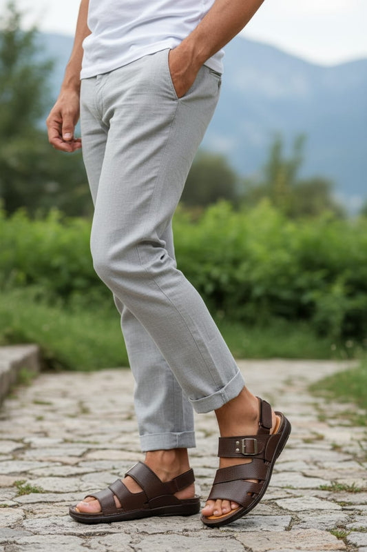 Brown Leather Buckle Strap Sandals for Men by Boots Gallery – Dark Brown Leather Shoes with Light Brown Sole Pakistan