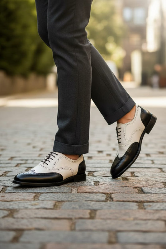 Cap Toe Oxford | Leather Sole | Combine White & Black Color