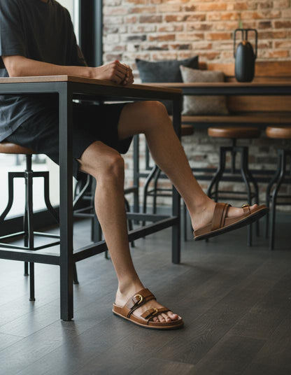 Brown Leather Buckle Strap Sandals | Leather Shoes in Brown Color