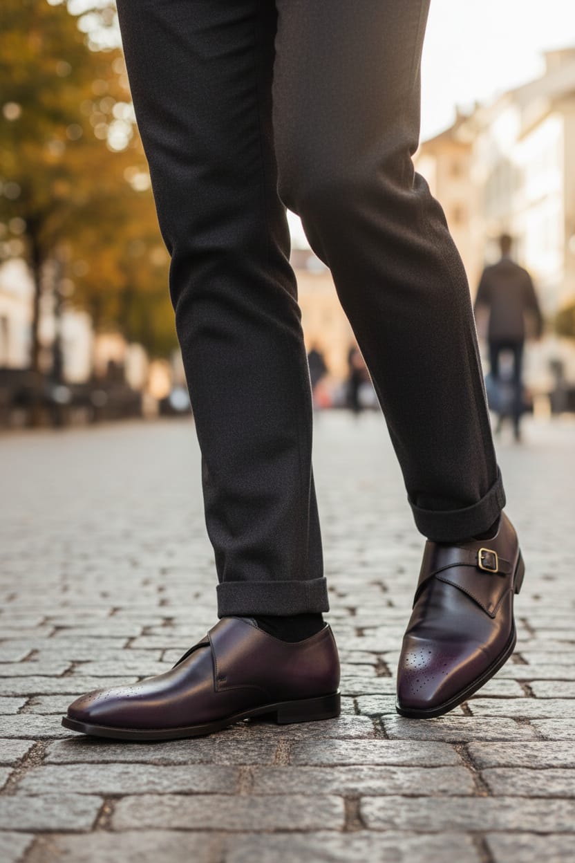 Single Monk Strap Leather Shoes for Men by Boots Gallery – Black Leather Sole Shoes with Purple Shade Pakistan