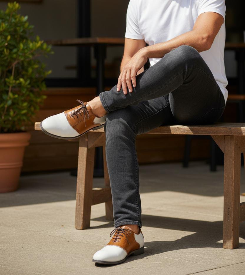 Cap Toe Oxford | Leather Sole | Combine White & Brown Color