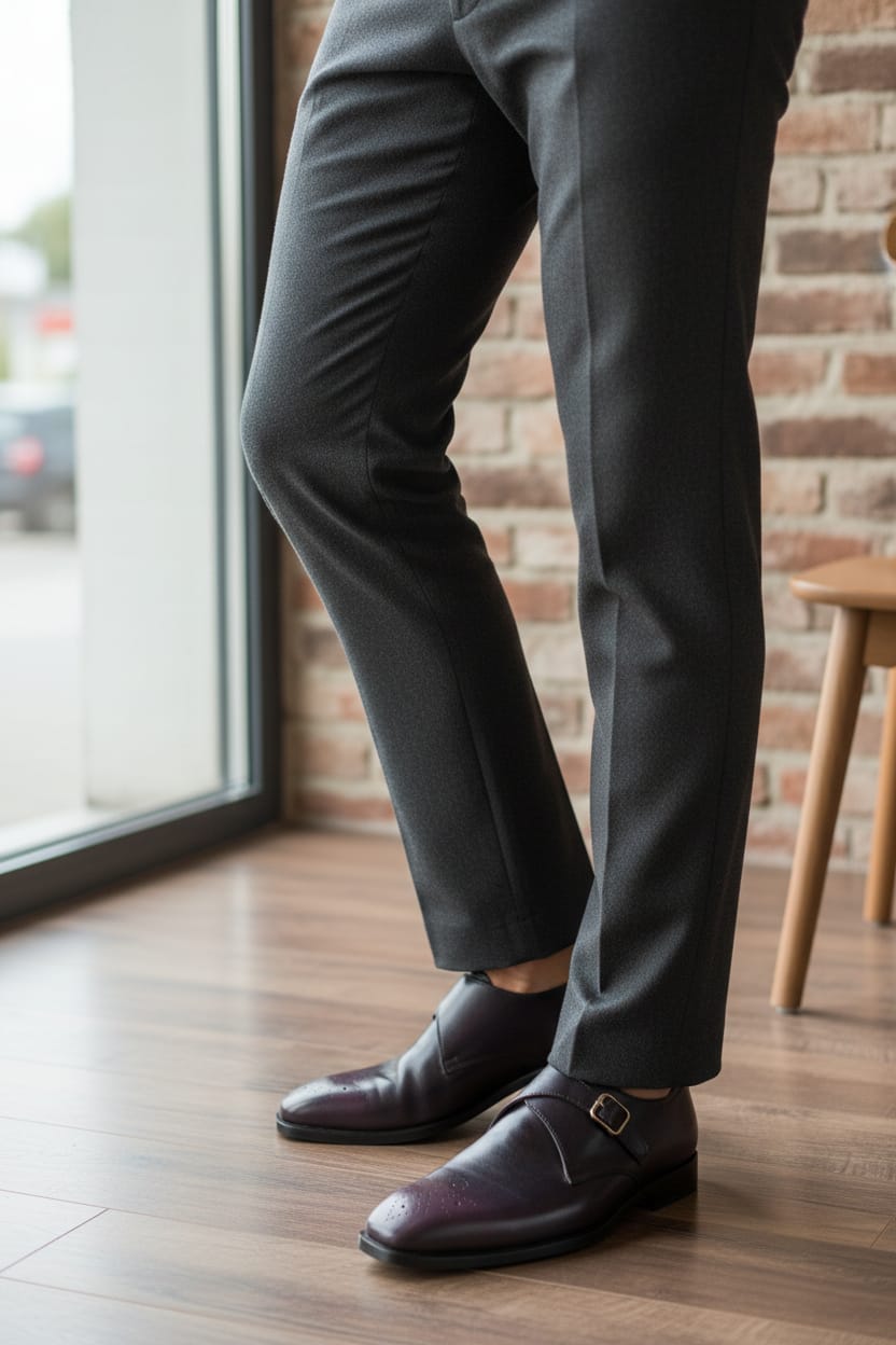 Single Monk Strap Leather Shoes for Men by Boots Gallery – Black Leather Sole Shoes with Purple Shade Pakistan