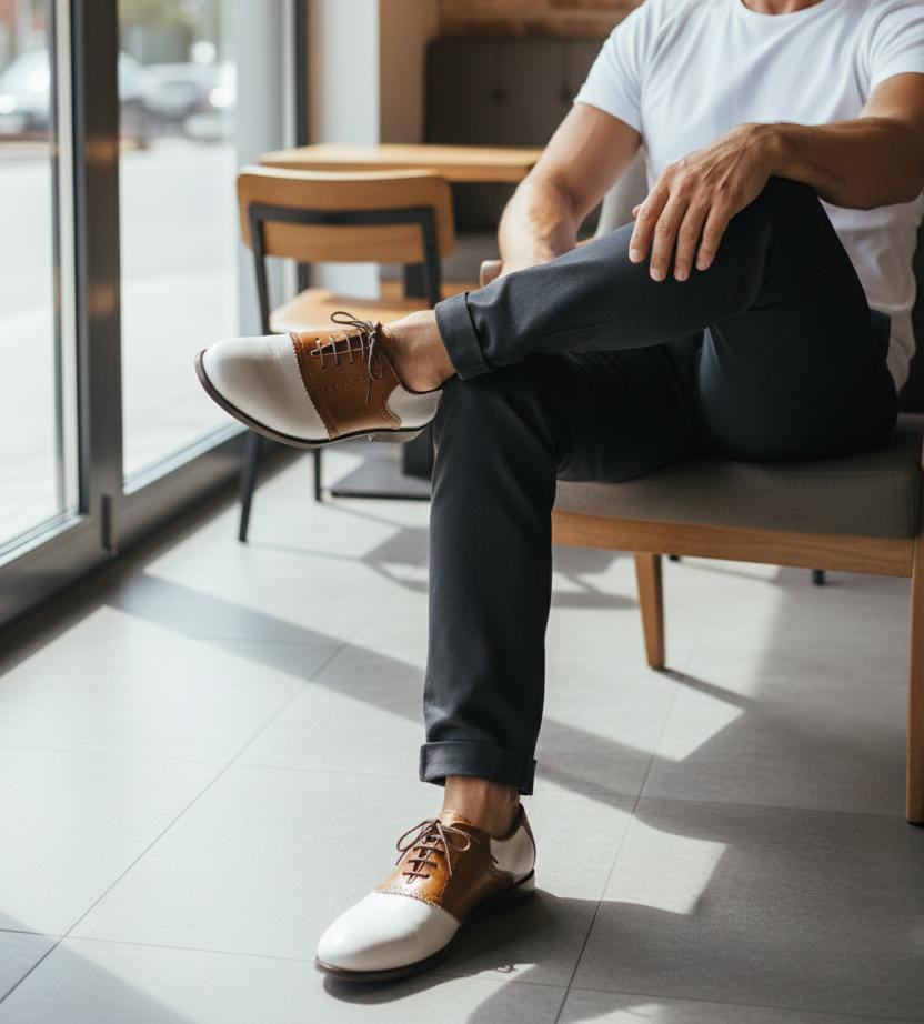 Cap Toe Oxford | Leather Sole | Combine White & Brown Color
