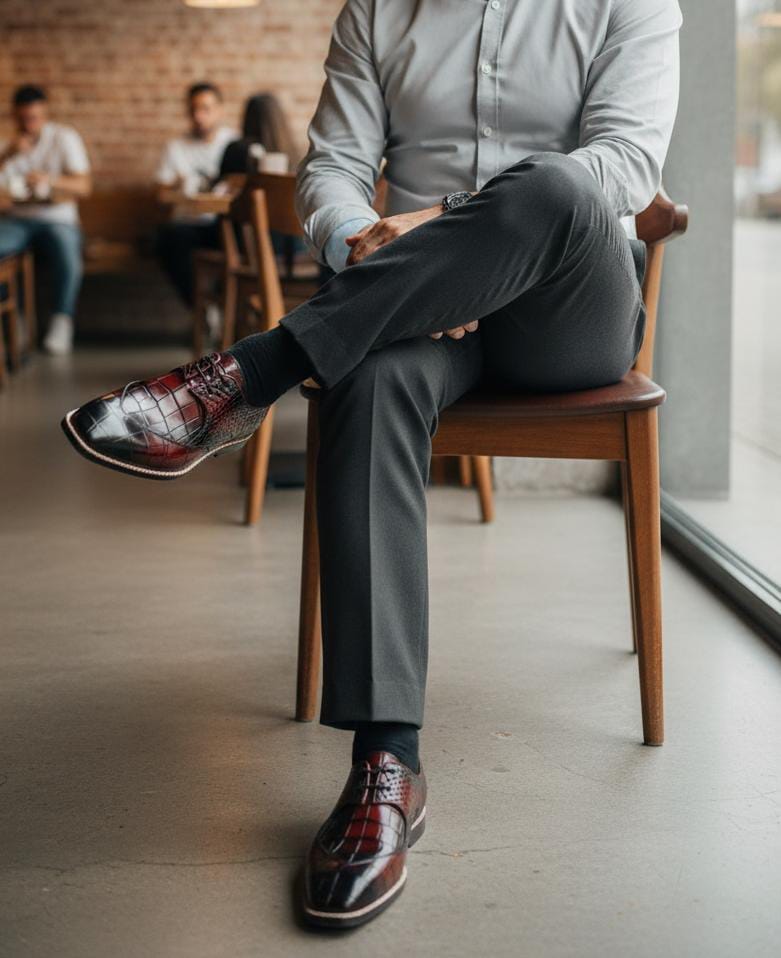 Plain Toe Derby Leather Shoes for Men by Boots Gallery – Brown Crocodile Textured Derby with Leather Sole Pakistan