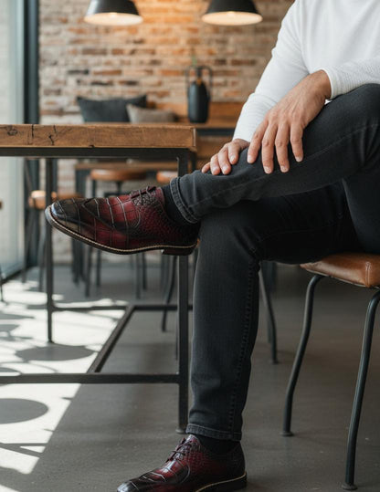 Plain Toe Derby Leather Shoes for Men by Boots Gallery – Brown Crocodile Textured Derby with Leather Sole Pakistan