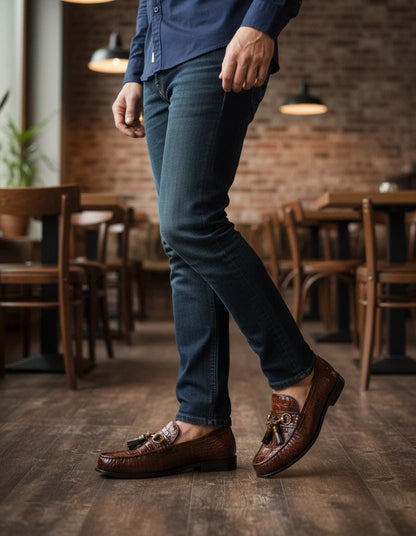 Penny  Loafer | Leather Sole | Penny Loafer Leather sole in Brown color crocodile texture