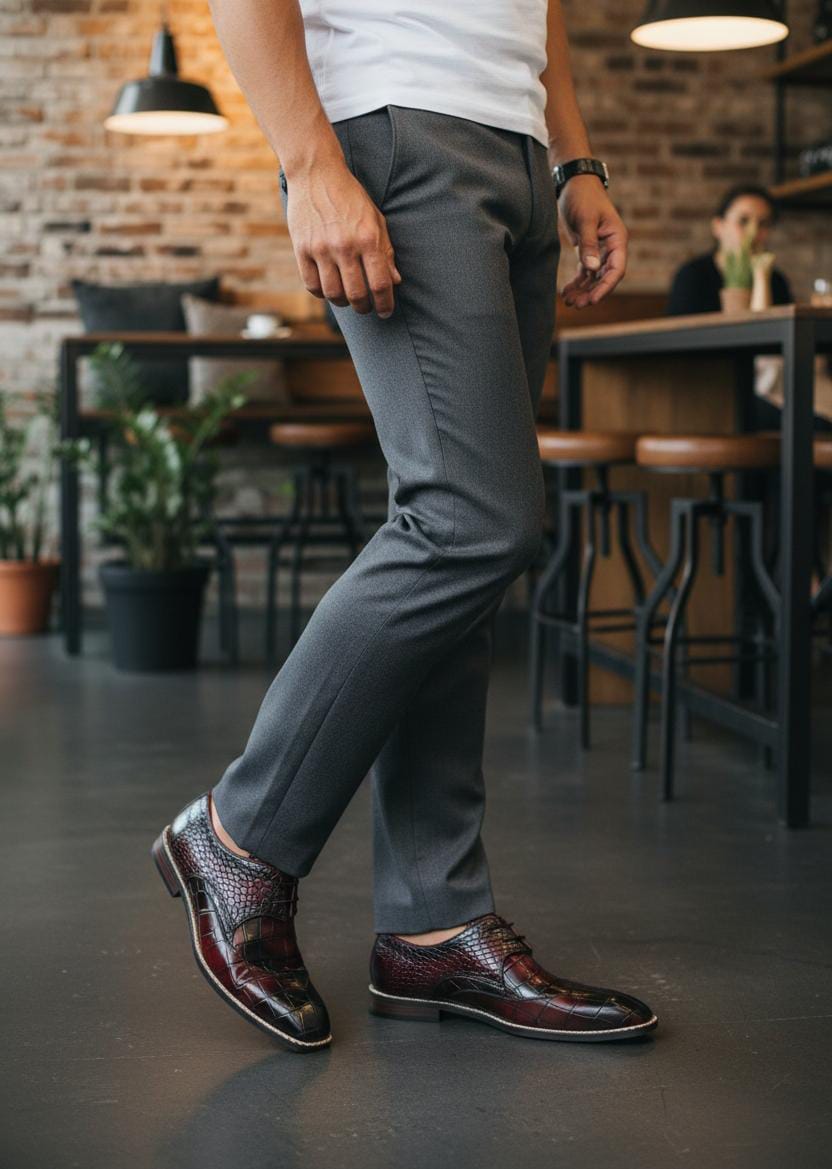 Plain Toe Derby Leather Shoes for Men by Boots Gallery – Brown Crocodile Textured Derby with Leather Sole Pakistan