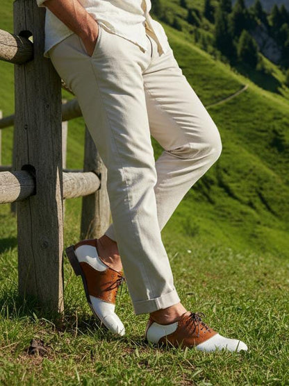 Cap Toe Oxford | Leather Sole | Combine White & Brown Color