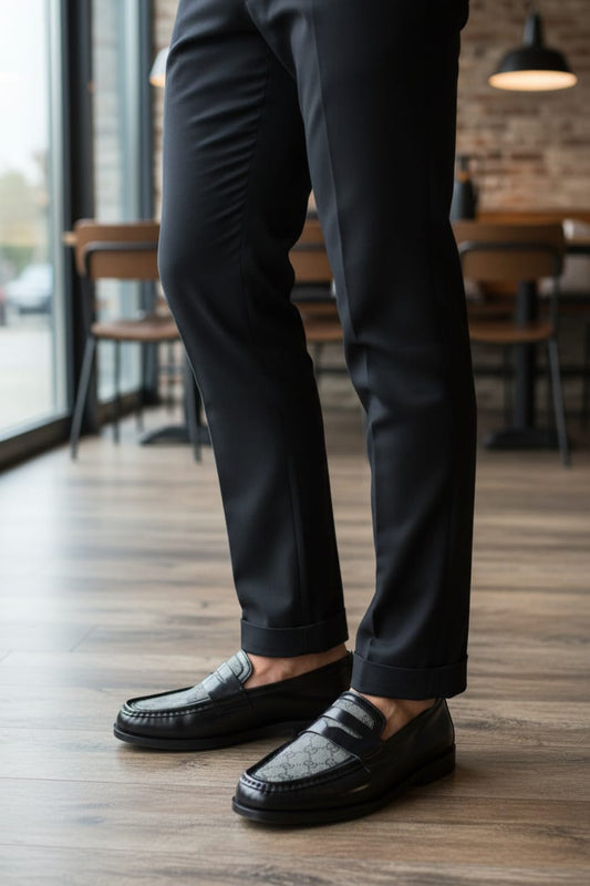 Men Supreme Leather Loafer Shoes Black and Grey with Leather Sole – Premium Designed Loafers Pakistan